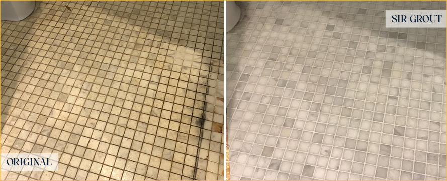 Restroom Floor Before and After a Grout Cleaning in Atlantic Beach, FL