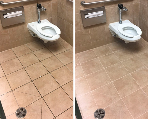 Restroom Floor and Walls Before and After a Grout Cleaning in Jacksonville