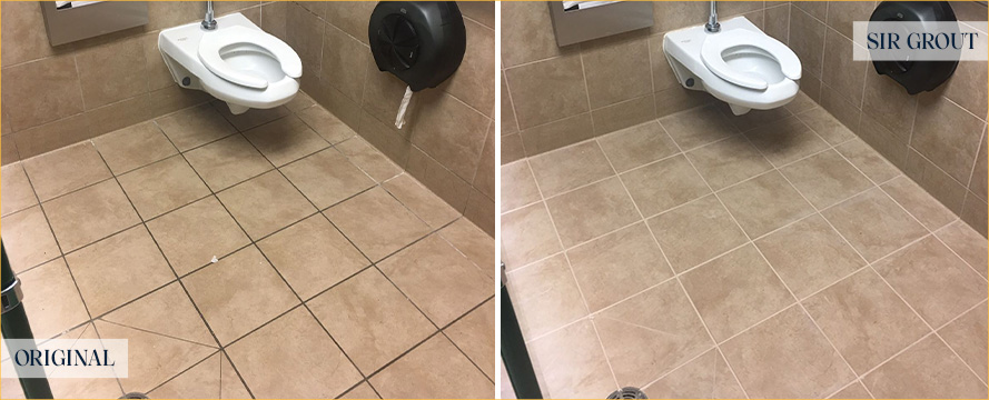 Restroom Floor and Walls Before and After a Grout Cleaning in Jacksonville